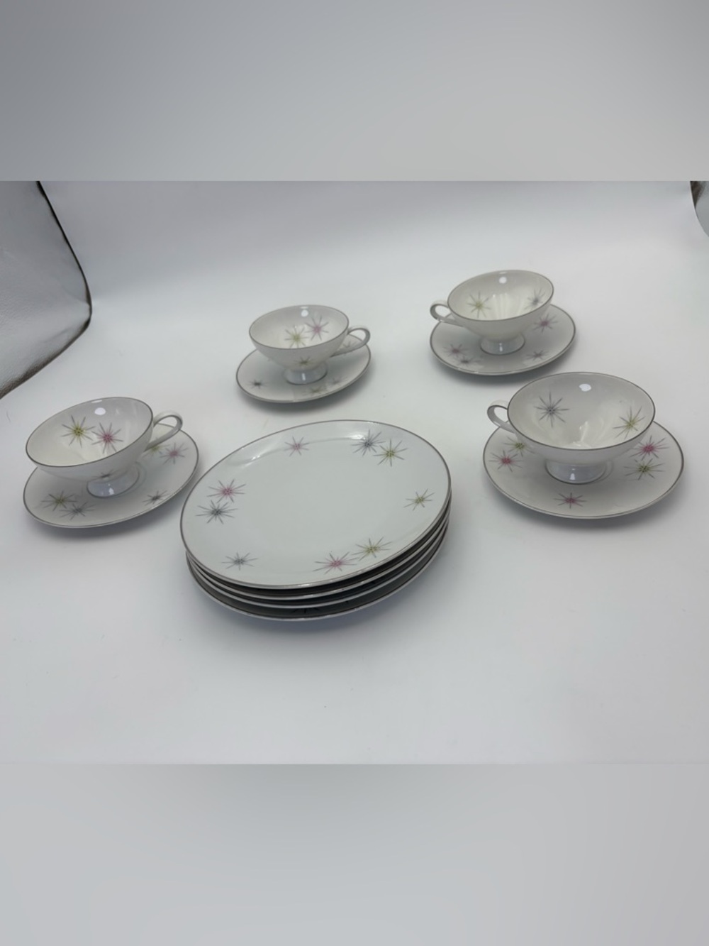 Vintage Starburst Porcelain Tea Set of 4 - White w/ Pink, Green, Blue Pastel